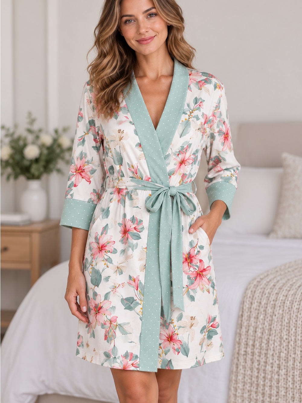 Flora Nikrooz Pink Floral Sage Green Polka Dot Knit Kimono Wrap Robe Small